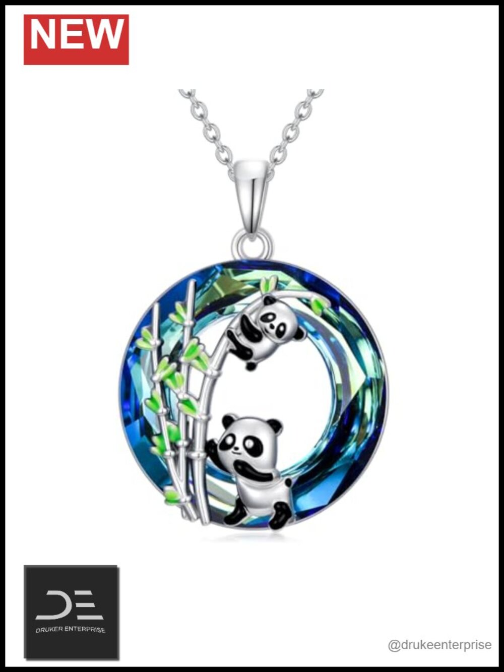 Sterling Silver Two Pandas Pendant Necklace Crystal Charm Gift for Women Mom
